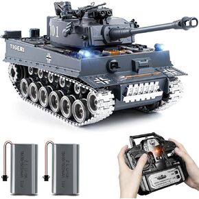 RC Tank, 1:18 Alloy Metal German Tiger I Remote Control Army Model Toys, 2.4Ghz RC Vehicle with Smoke, Sound and Lights, Military Tank That Shoots BBS and Water Bombs for Adults and Kids