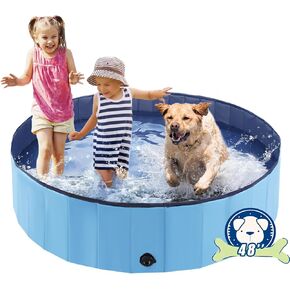 Foldable Dog Bath Swimming Pool Plastic Kiddie Pool Professional Tub Collapsible Grooming Bathtub for Pets Kids Baby and Toddler, 32 x 8 Inches Blue
