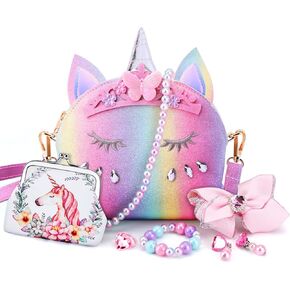 JYPS 7PCS Toddler Purse for Girl, Girls Wallet with Pretend Play Toys, Princess Toys with Kids Dress Up Jewelry Set