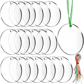 SANNIX 40PCS 3 Inch Acrylic Keychain Blanks with 50Pcs Colorful Ribbons, Acrylic Clear Circle Disc Round Acrylic Ornament Blanks for DIY Xmas Holiday Christmas Tag and Crafting