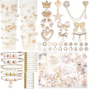 DoDoBeads 60 Pcs Junk Socks Charms Kit, Gold Charms for Socks, Brooches and Pins for Women, Charms for Socks Safety Pin, Junk Charms for Socks, Pearl Sock Charms, Rhinestone Junk Socks Charms