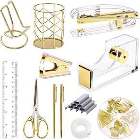 EOOUT Gold Office Supplies Set Desk Accessories, Acrylic Stapler Set Staple Remover, Phone Holder, Tape Holder, Pen Holder, 2 Ballpoint Pen, Scissor, Binder Clips, Ruler, Transparent Glue and Staples. in Kuwait