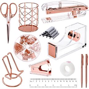 EOOUT Gold Office Supplies Set Desk Accessories, Acrylic Stapler Set Staple Remover, Phone Holder, Tape Holder, Pen Holder, 2 Ballpoint Pen, Scissor, Binder Clips, Ruler, Transparent Glue and Staples.