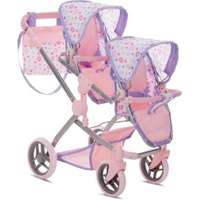 Baby Doll Double Stroller, Twin Pink Pram Buggy Pretend Play for Girls Kids 27.5 in High Adjustable Handle Rotating Wheels Storage Basket Diaper Bag