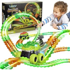 Glow Car Track for Kids Boys Toys, Dinosaur Race Track Toys, 18 Ft / 225 Pcs Changeable Flexible Race Car Track Car Sets with LED Light-Up Race Car for 3 4 5 6 7 8 + Year Old