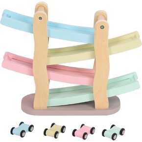 Car Ramp Racer Toy, Kid Wooden Race Track with 4 Cars & Race Tracks, Montessori Toys for Toddlers Boys Girls Gift