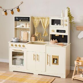 Tiny Land Play Kitchen for Kids, Toy Kitchen Set with Plenty of Play Features, New Modern Kids Wooden Play Kitchen Designed in Trendy Home Style with Curtains, Gift for Ages 3+