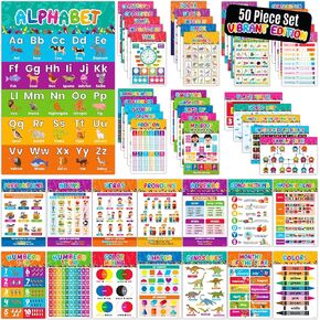Decorably 50 Vibrant Toddler Learning Posters for Toddlers 1-3 - 11x17in Matte-Laminated Educational Preschool Posters, Learning Poster for Kids Ages 3-5