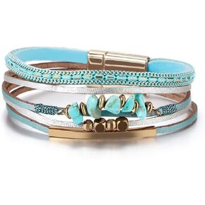 Fesciory Leather Wrap Bracelets for Women, Boho Leopard Multi-Layer Crystal Beads Cuff Bracelet Jewelry