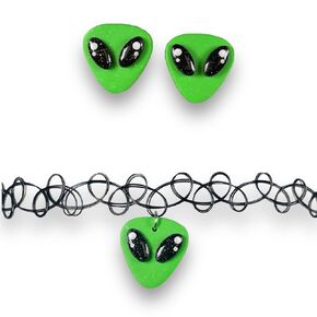 Alien Pendant Choker Necklace and Stud Earring Set, Handmade Polymer Clay, Green (Green Alien)