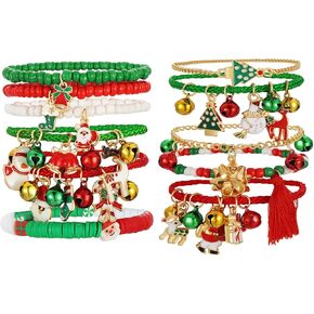Christmas Bracelets Set for Women, Multilayered Stackable Handmade Beaded Bracelet Jewelry Pack, Snowflake Xmas Tree Reindeer Charms Bracelets Sets Christmas Stocking Stuffers Party Supplies