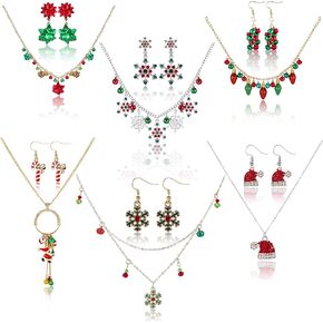 Misdary 12 Pcs Christmas Necklaces Earrings Set Christmas Jewelry for Women Bell Light Bulbs Snowflake Festive Holiday Jewelry Gift for Women