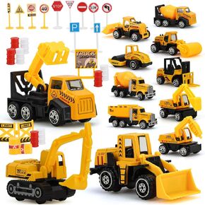 TOY Life 35 PCS Construction Toys, Toy Trucks for Kids Ages 4-8, Small Vehicles Mini Excavator, Cake Topper Decoration, Bulldozer for Boys, Kids Play Set Birthday Gifts