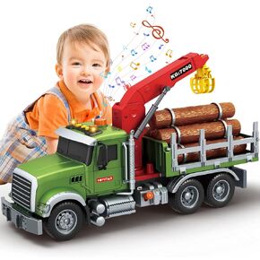 Mostop Logging Truck Kids Toy for 3 4 5 6 7 8 Year Old Boys, 15’’ Farm Logging Truck with Crane and 6 Trunks, Lights, Sounds, Friction Powered Timber Transport Log Tow Truck Toy Birthday Gift