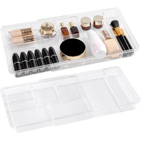 Oubonun Expandable Drawer Organizer 11.1" to 19.2" Width, Shallow Cosmetic Organizer 1.3" Height, 4 Packs, Clear Plastic Storage Trays for Dressing Table,Bathroom