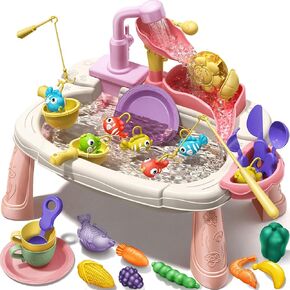 Geyiie Kids Sink with Running Water, 14.5''L x 9.4''W x 11.6''H Interactive Small Play Sink for Toddlers, Includes Real Faucet, Kitchen Accessories, Fishing Toys - Kids Role Play Dishwasher Toy