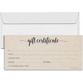 321Done Rustic Gift Certificates (Pack of 24) 4x9 Inches Blank Kraft Tan Minimalist for Small Business, Holiday, Christmas Voucher, Spa, Salon - Made in USA