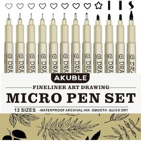 Drawing Pens Micro Fineliner Art Pens: 12 Black Fine Line Markers Art Supplies Adults Artist Sketch Waterproof Archival Ink Watercolor Inking Fine Liner Manga Sketching Zentangle Stuff Micron Pen Set