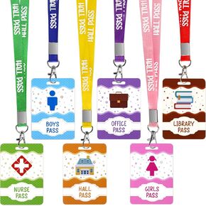 6 Pieces Hall Pass Lanyards and School Passes Set, Plastic Passes for School, Classrooms Hall, Library, Restroom, Office, Nurse, Teacher Supplies