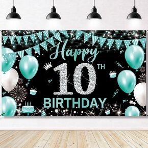 10th Birthday Banner Backdrop, Happy 10th Birthday Decoration For Girls, Fabric 10 Year Old Birthday Party Photo Props Yard Sign Background Decor Supplies, Indoor Outdoor (Teal Blue Silver)