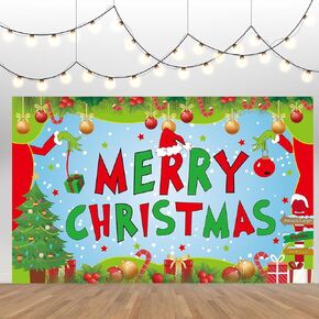 Large Merry Christmas Banner,Grinches Party Decorations,Christmas Banners for Inside, Grinches Christmas Party Decorations for Christmas Holiday Party Decorations, Christmas Wall Banner