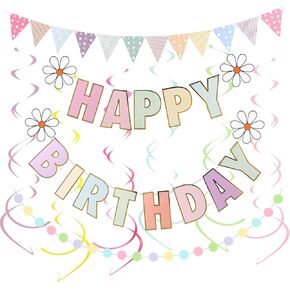 Happy Birthday Banner Macaron Birthday Decorations No DIY Colorful Flag Letters Hanging Swirls Streamers Circle Dots Garland Happy Birthday Party Decorations Supplies for Women Men Boys Girls