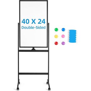 Mobile Whiteboard, 40"x24" Magnetic Dry Erase Board with Stand, Double-Sided Rolling Whiteboard with Aluminum Frame for Office, Home & School, Black