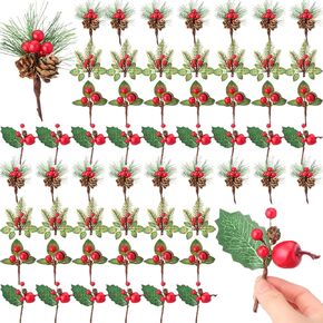 Shappy 20 Pcs Christmas Red Berries Picks Bulk Christmas Floral Picks Artificial Pine Tree Plants Floral Picks for Christmas Flower Wreaths Garland Greenery Decoration DIY Xmas Crafts