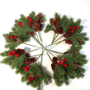 20pcs Red Berry Stems Pine Branches Christmas Berries Décor Artificial Pine Cones Branch Craft Wreath Pick & Winter Holiday Floral Picks Holly Stem for Decoration DIY Xmas Garland Crafts