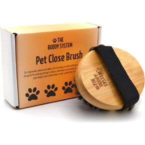 The Buddy System Pet Close Brush, Soft Touch Oval Palm Brush - Bamboo Massage Handheld with Soft Boar Bristles and Elastic Band for Dogs and Cats