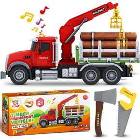 Timber Log Truck Toys for Boys - Logging Trucks for Toddlers - Friction-Powered Vehicle Playset w/Lights & Sounds, Working Crane, Claw, Logs, Flatbed, Includes Axe & Saw for Kids, Boys Girls Aged 3-9