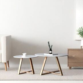 2Pcs Mid-Century Coffee Table Round, Easy Assembly Minimalist Nesting Table Set of2, Natural Wood Tea Table for Livingroom, Office,Balcony,Yard.Separately Use as Side Table Center Table