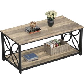 GreenForest 2-Tier Coffee Table, 39 inch Living Room Tables with Storage Shelf, Center Table with Flower-Shaped Frame, Coffee Tables for Living Room, Sofa Table, Grey Wash