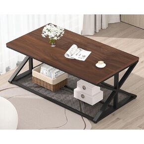 IBF Black Coffee Table with Storage, Modern Wood Metal Rectangle Living Room Table, Industrial Middle Center Table with Mesh Shelf, Black Oak,47 in