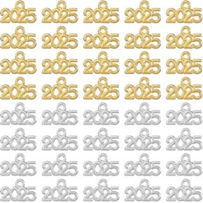 50 Pcs 2025 Year Charms Alloy 2025 Letter Charms Mini Jewelry Making Signet Charms Accessories Crafting Graduation Tassels Parties for New Years Eve Gift Jewelry Making Tassel DIY (Gold, Silver)