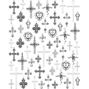 60 Pcs Antique Silver Cross Charms, Alloy Crucifix Pendant Connector for Bracelet Earrings Necklace Jewelry Making (15 Styles)