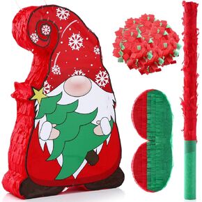Christmas Piñata Gnome Ornaments 15 Inch Christmas Mexican Piñata with Stick Blindfold and Confetti Pack Christmas Piñata Bundle for Xmas Birthday Holiday Piñata Game Favors Photo Prop Decoration