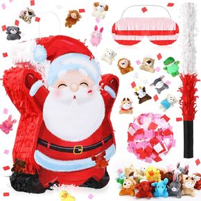 HyDren Christmas Santa Claus Pinata 16 Inch Christmas Mexican Piñata with 24 Mini Stuffed Animals Stick Confetti Blindfold Bundle for Christmas Birthday Party Favors Carnival Prizes Game Props