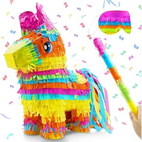 Donkey Pinata, Rainbow Color Donkey Pinata with Stick and Blindfold for Birthday Party, Mexican Fiesta Party Decorations Día De Muertos Taco Party Favors Supplies (15 x 12 x 5 ln)