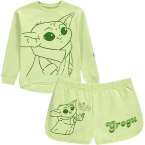 STAR WARS Girls Baby Yoda Crewneck Sweatshirt and Shorts Clothing Set- Little and Big Girl Sizes 4-16