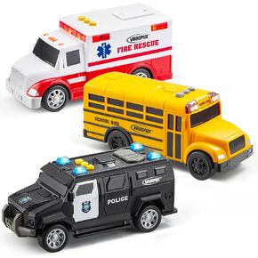 3-Pack Emergency and School Vehicle Toy Set – Friction Powered Police Car, Ambulance, and Student Bus with Lights and Sounds – Educational and Safe Toy for Kids, Ideal Gift for Boys and Girls