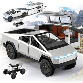 NQD Cyber Truck Toy with RV & Motorcycle, 3-in-1 Alloy Diecast Pull-Back Toy Truck Pickup Truck Trailer with Sound and Light, Ideal Gift for Boys Kids Age for 3 Year and Up