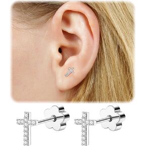 14K Gold Plated Small Stud Earrings for Girls Women Hypoallergenic Surgical Steel Cartilage Flat Back Stud Earrings Silver CZ Cross Handmade Screw Back Earrings Studs in Kuwait