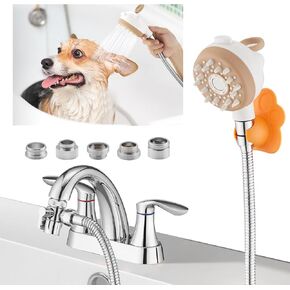 Dog Shower Attachment to Bathroom, Bathtub, Kitchen& Utility Laundry Faucet Washing, High Pressure Pet Wash Cleaning Sprayer with Bath Brush, 4ft Hose, Shower Holder, Sink or Indoor
