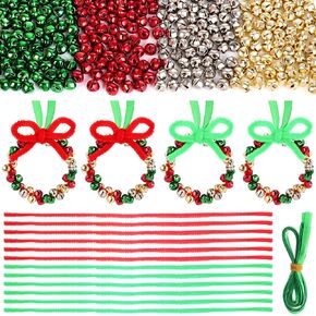 Jenaai 400 Pcs Christmas Jingle Bells Wreath Ornaments Craft Kit 0.31 Inch Jingle Bell Metallic Chenille Stems and Green Ribbon for Holiday Xmas Tree DIY Craft Wreath Decor(Red, Green, Gold, Silver)