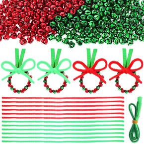 Jenaai 400 Pcs Christmas Jingle Bells Wreath Ornaments Craft Kit 0.31 Inch Jingle Bell Metallic Chenille Stems and Green Ribbon for Holiday Xmas Tree DIY Craft Wreath Decor(Red, Green, Gold, Silver)