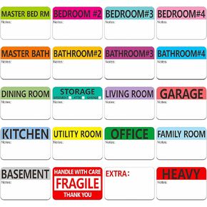 Hebayy 500 pcs 20 Designs Pre-Printed Color-Coded Home Moving Packing Box Labels with Writable Notes Areas, Each Measures 2" x 3"