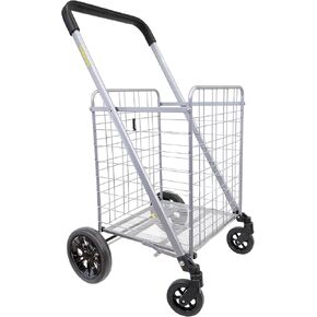 dbest products Cruiser Cart Deluxe 2 Shopping Grocery Rolling Folding Laundry Basket on Wheels Foldable Utility Trolley Compact Lightweight Collapsible, Silver