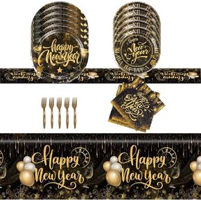 2025 Happy New Year Party Supplies New Year Dinnerware Set 51 PCS Black and Gold Paper Plates,Napkins,Forks,Tablecloth Disposable tableware for New Years Eve Countdown Cheers Party (black)