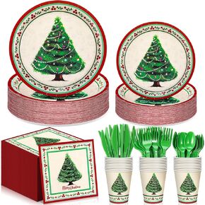 210 Pcs Vintage Christmas Paper Plates and Napkins Set for 30 Guests, Christmas Disposable Plates Dessert Plates Cups Napkins Cutlery Retro Tableware for Xmas Party Supplies(Red Plaid)
